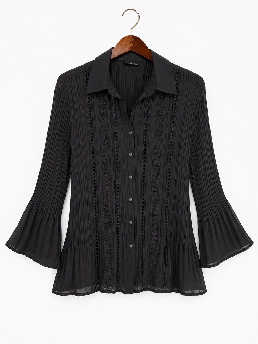 Black Pleated Bell Sleeve Victorian Goth Lace Blouse M